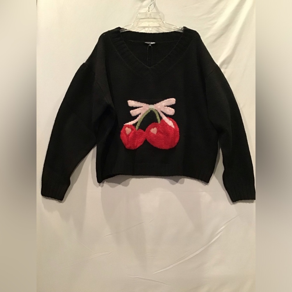 83 Fashion Nova Black V-Neck Sweater with Cherry Design